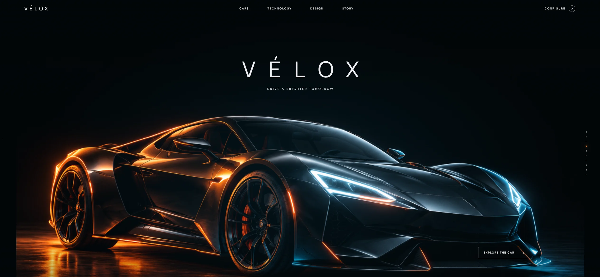 Velox automotive website featuring a sports car illuminated by orange and blue light